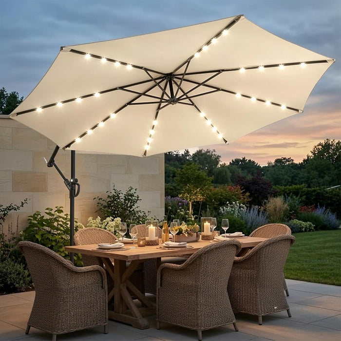 10Ft Solar LED Offset Patio Umbrella, Outdoor Cantilever Patio Umbrellas with Solor Lights for Backyard, Poolside and Garden, Easy Tilt Adjustment, 32 LED Lights & Polyester Shade, Beige