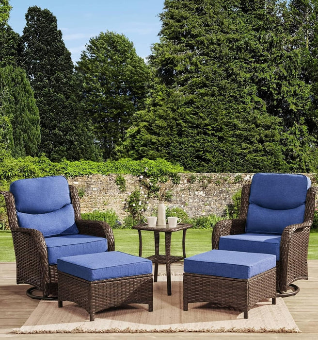 Luxury High Back, Extra Thick Cushion 5-Piece Patio Conversation Set with Swivel Rocking Chairs & Ottomans, Outdoor Furniture for Porch, Deck, Garden in Blue(Pro Version 2.0)