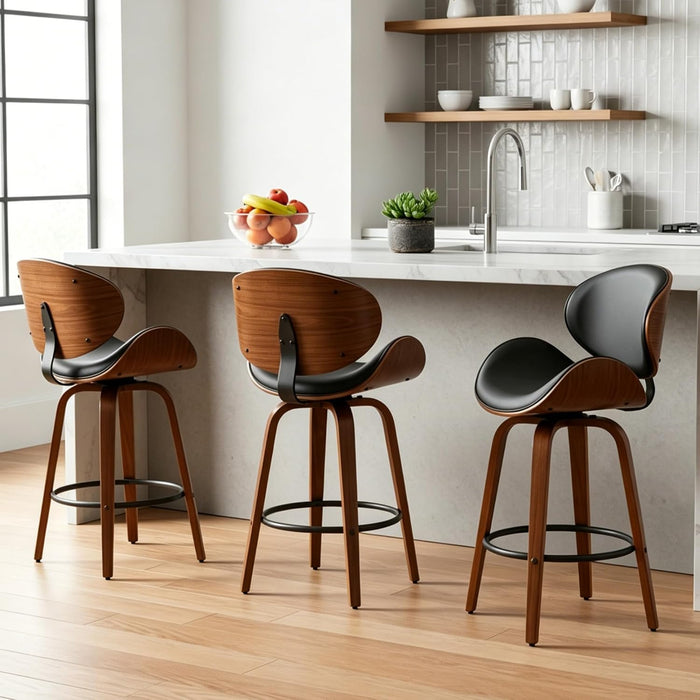 Bar Stools Set of 3, 26 Inch Leather Upholstered Counter Height Bar Stools with Curved Seat and Backrest, 360° Swivel Walnut Wood Barstools for Kitchen Island, Bar, Cafe, Black
