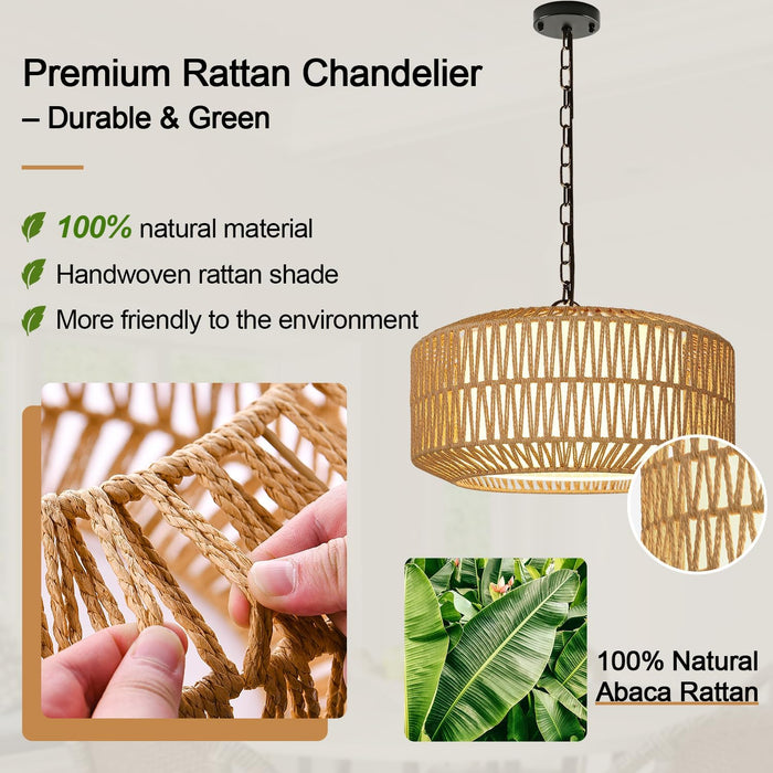 Five Light Rattan Farmhouse Chandelier Linen Shade
