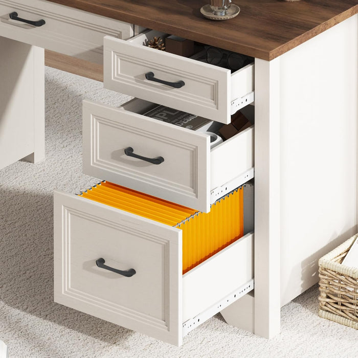 Farmhouse Executive Desk with Drawers, Home Office Desk with File Drawer, Wood Computer Desk with Ample Storage, Rustic Office Desk with Spacious Tabletop for Work, White