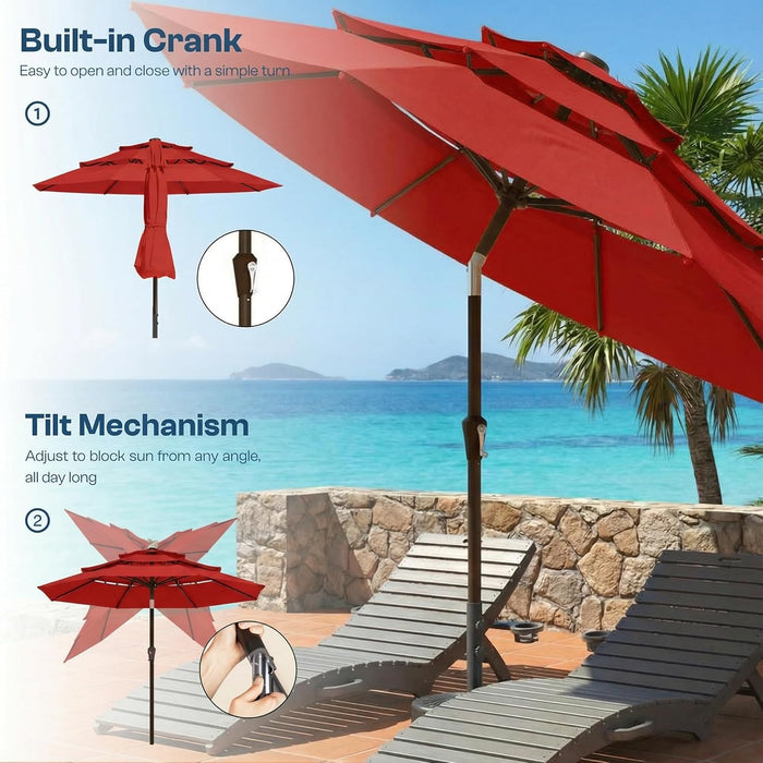 10Ft Patio Umbrella, 3 Tier Outdoor Market Table Umbrellas with 8 Fiberglass Ribs and Push Button Tilt, Windproof, Vented Canopy, UV Protection for Deck, Pool, Backyard, Red