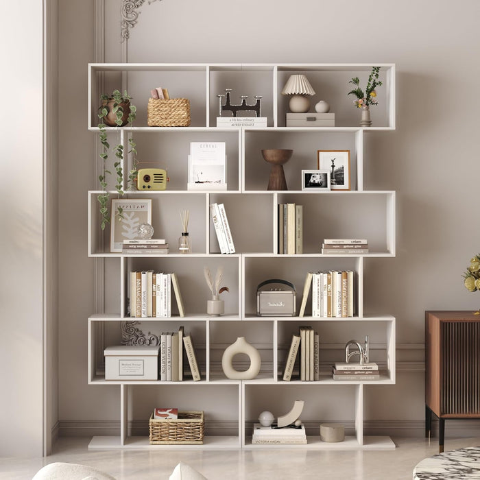 S Shaped Bookshelf, Modern Geometric Bookcase, 6-Tier White Display Case Book Shelf