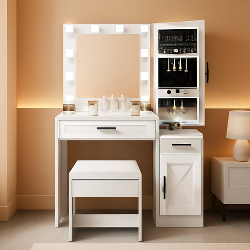 Vanity Desk with Mirror and Lights,Make up Vanity with Chair and Outlet,Dressing Table with Jewelry Cabinet, Bedroom Vanity with 2 Drawers, 3 Lighting Colors,36.4 Inch,Antique White