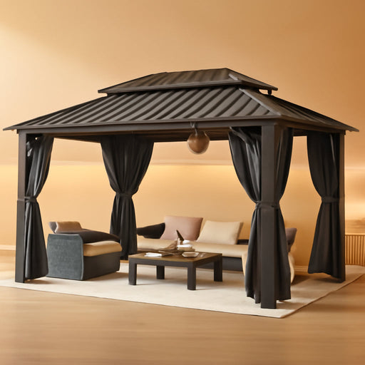 12x20 Hardtop Gazebo ReinforcedFrame PrivacyCurtains Black