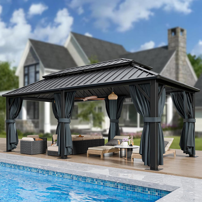 12x20 Hardtop Gazebo ReinforcedFrame PrivacyCurtains Black