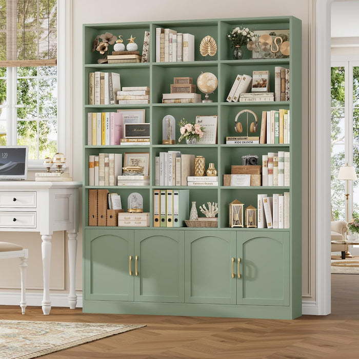 82.3" Triple Wide Bookshelf, Tall Bookcase with 4 Doors, Green