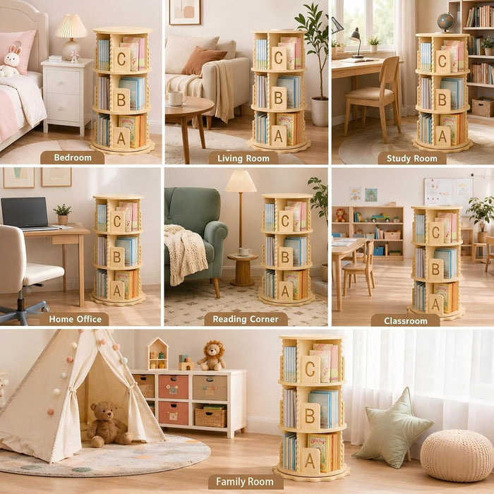 Rotating Bookshelf, 360° Spinning Bookcase for Small Spaces, Floor Standing Wooden Book Organizer, Narrow Corner Shelf for Bedroom, Study Room(3 Tier)