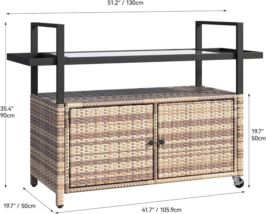 Large Outdoor Kitchen Wicker Island Rolling Cart & Patio Bar Table, W/Wheels and Black Glass Table Top Backyard and Poolside Light Brown