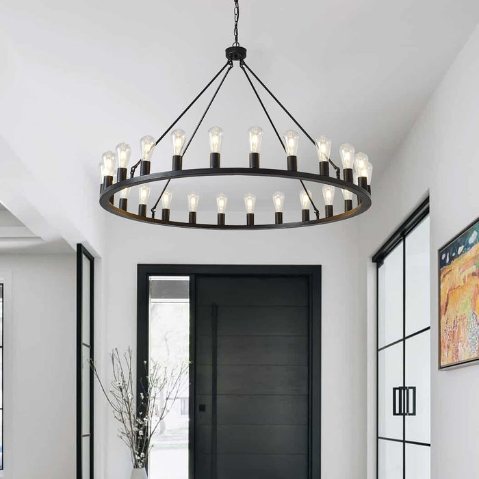 48-Inch Wagon Wheel Chandelier Black Outdoor Fixture