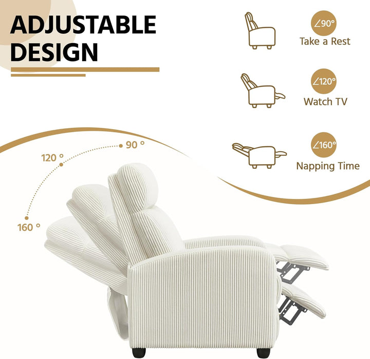 Corduroy Recliner Chair Single Sofa Home Theater Seating Adjustable Modern Reclining Chair for Living Room Bedroom Home Theater Beige