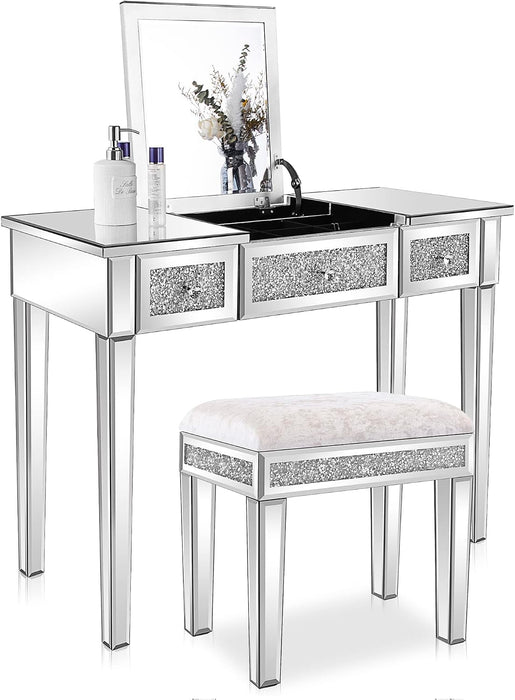 Silver Mirrored Vanity Desk, Glass Vanity W/Drawers and Flip Mirror, Bling Mirror Vanity Desk for Women Girls Bedroom, Makeup Room & Office Writing Desk