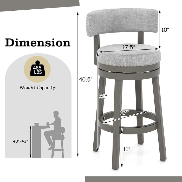 Bar Stools Set of 2, 31-Inch 360° Swivel Barstool with Upholstered Back & Seat, Solid Rubber Wood Legs & round Footrest, Farmhouse Bar Height Chair for Home, Bar, Grey (2, Seat Height 31‘’)
