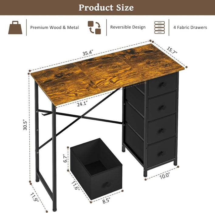 Computer Desk with 4 Fabric Drawers, 35.4 Inch Small Home Office Writing Desk, Simple Table PC Desk for Small Places, Kids Girls Teen Study Writing Desk for Bedroom Dorm Rustic Brown