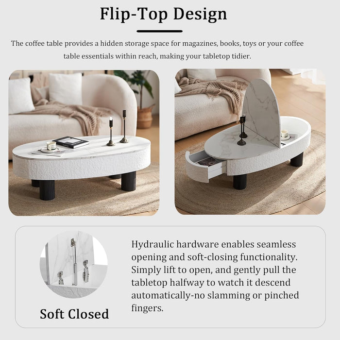 Coffee Table with Faux Marble Tabletop and Hidden Drawer and Storage Space, 47.24" Oval Mid Century Modern Wooden Center Table, Cocktail Tea Table for Living Room Home Office, White