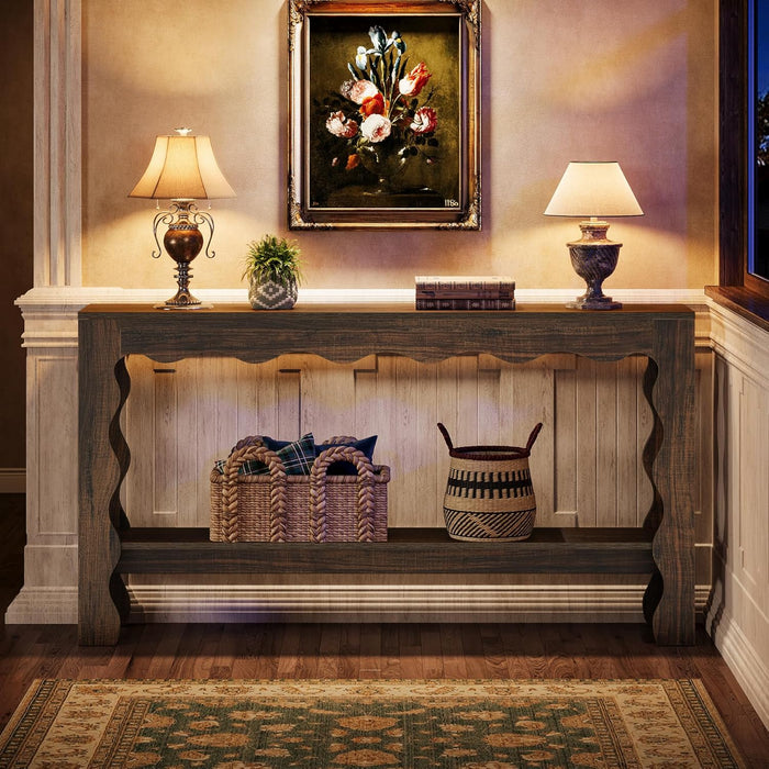 63 Inch Entryway Table, Modern Rustic Entry Table with Scalloped Edge & Storage Shelf, Accent Narrow Long Sofa Table behind Couch Console Tables for Entryway, Living Room, Dark Brown