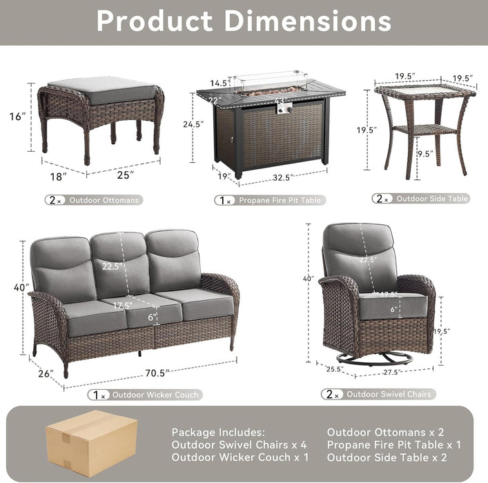 10 Pieces Luxury Patio Furniture Set with 42.5" Fire Pit Table, 6-Inch Thick Cushions Wicker Outdoor Furniture with Swivel Patio Chairs Set of 4, Outdoor Patio Conversation Set for Garden Deck, Gray