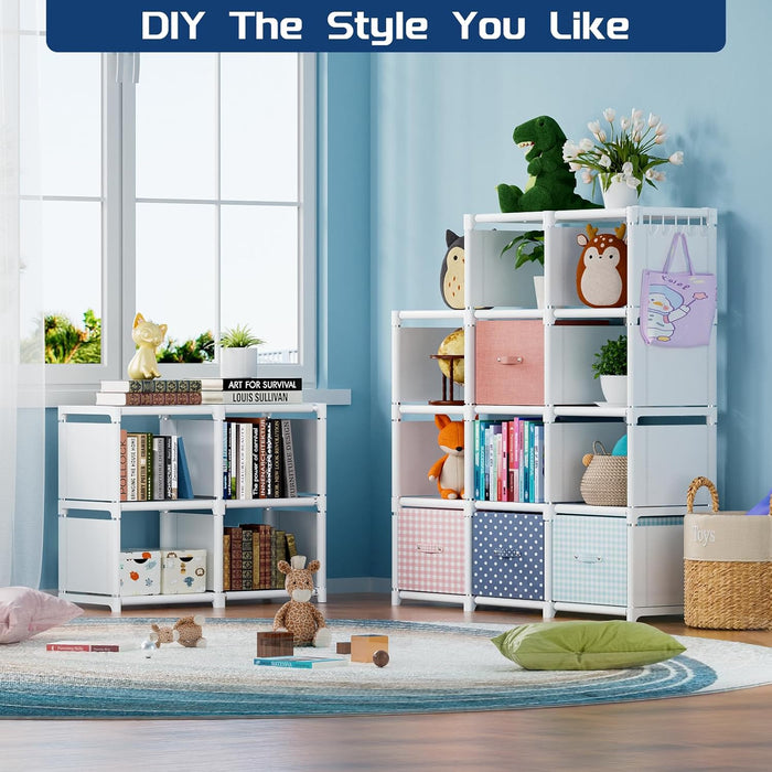 Book Shelf, 18 Cube Storage Organizer, DIY Bookcase, Metal Cube Bookshelf, Tall Book Case for Bedroom, Living Room, Office, Closet Storage Organizer, Black Cubicle Storage Rack-White