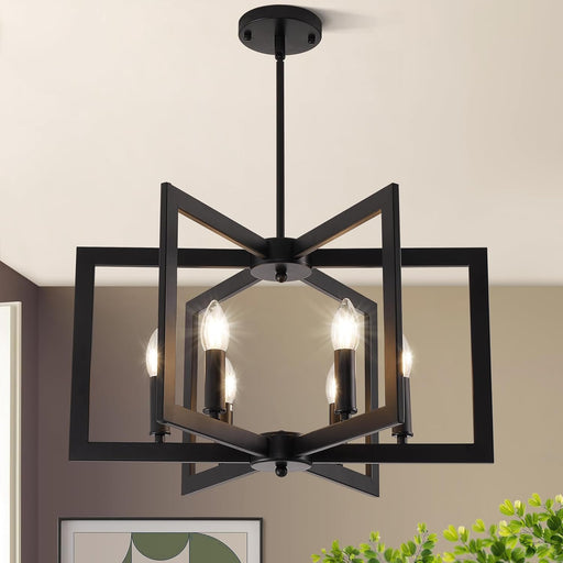 21.6" Black Farmhouse Chandelier,6-Light Geometric Dining Room Fixture,Modern Industrial Foyer Lighting Fixtures,Rustic Farmhouse Hanging Pendant Lights for Kitchen Island,Living Room,Bedroom,Entryway