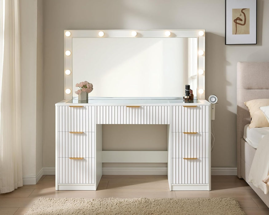 47.2" Fluted Vanity Desk with Large Mirror and Adjustable LED Lights, 7 Drawers Makeup Table with Glass Top and Charging Station for Women and Girls, Bedroom or Dorm, White