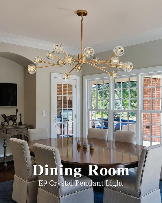 Gold Sputnik Chandeliers for Dining Room Light Fixture over Table, Modern Crystal Chandeliers, 43" 15 Lights Gold Lighting Fixtures for Living Room Kitchen Island