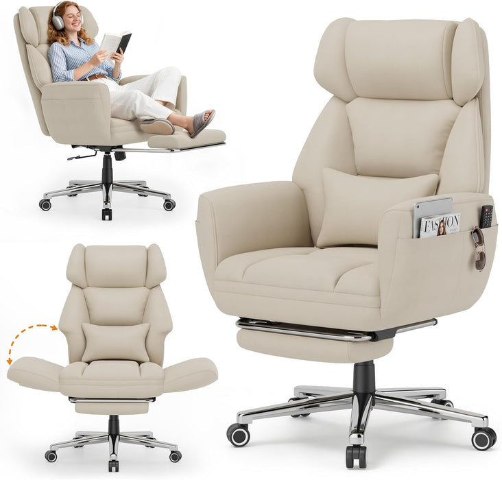 Ergonomic Criss Cross Office Chair with Footrest, Wide Executive Desk Chair with Foldable Armrest for Big and Tall, High Back Computer Chair-120° Tilt Vanity Chair for Meditation,Home,Ivory