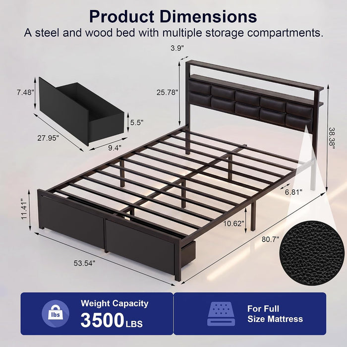 Full Bed Frame with 2 Storage Drawers, LED Lights & Charging Station, Upholstered Headboard with Shelves, Heavy Duty Metal Platform, No Box Spring Needed, Noise Free, Easy Assembly