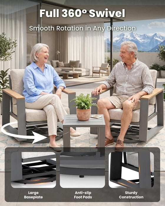 Outdoor Swivel Patio Chairs Set of 3, Aluminum Large 3-Piece Outdoor Patio Conversation Furntiure Set with Side Table, Luxury Wider Seat & High Back Bistro Table and Chairs Set of 3, Gray