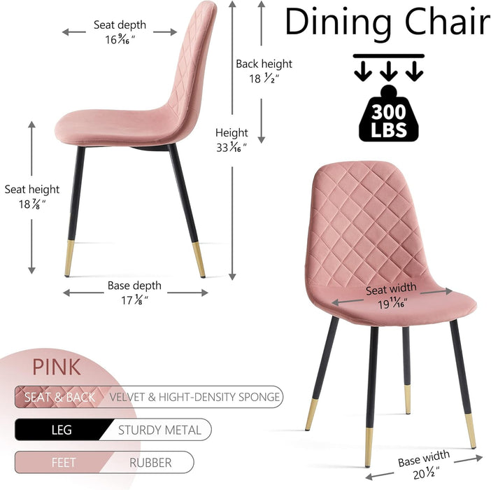 Velvet Dining Chairs Kitchen Plain Color Chair Upholstered Side Stools with Backrest Metal Legs Set of 4, Pink