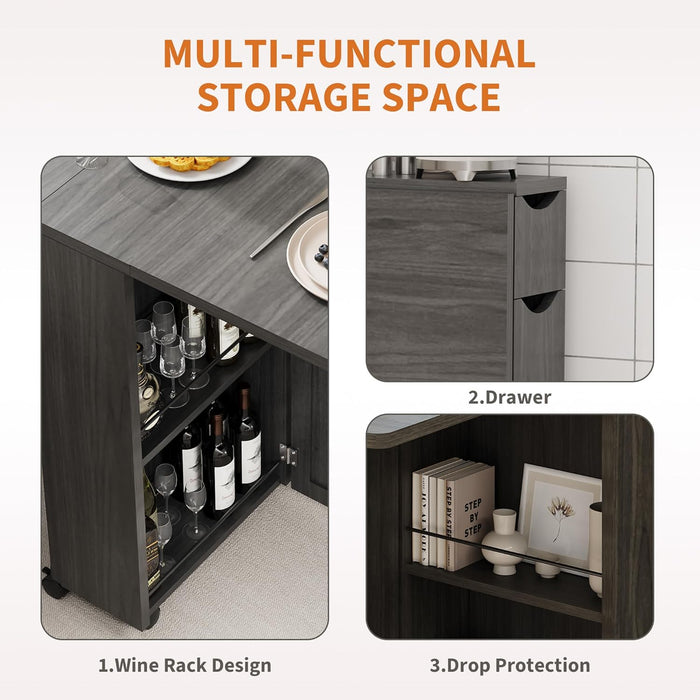 Folding Dining Table with Storage, Folding Kitchen Table with 6 Wheels, Drawer & Shelves, Compact Dining Table for Small Spaces