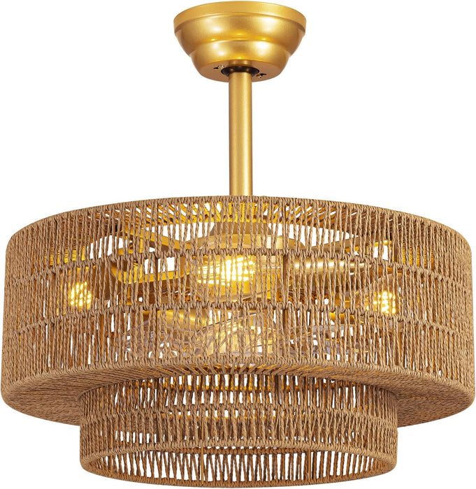 Boho Caged Fandelier with Lights Flush Mount Rattan Ceiling Fan