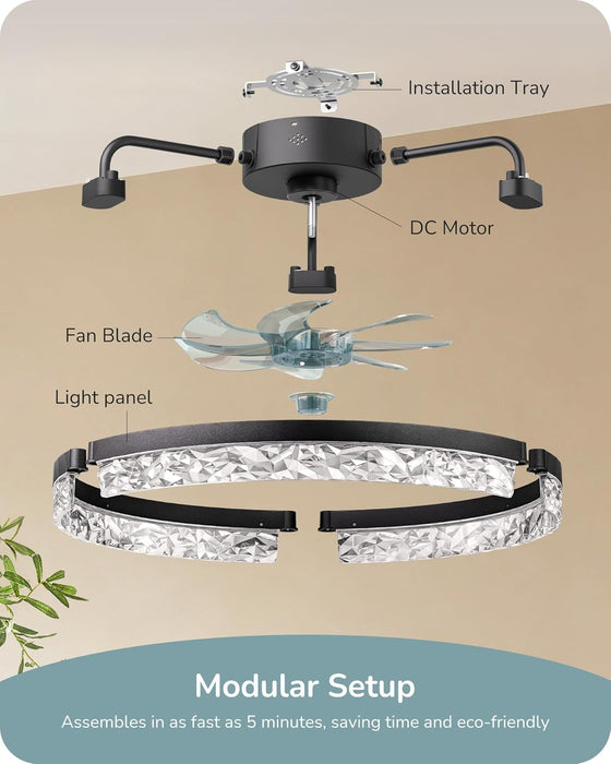 Ceiling Fans with Lights and Remote, 20'' Low Profile Ceiling Fan, 3000-6000K Dimmable, 6 Speeds LED Modern Flush Mount Fan Light, DC Motor, APP Control, Black Fandelier for Bedroom, Kitchen