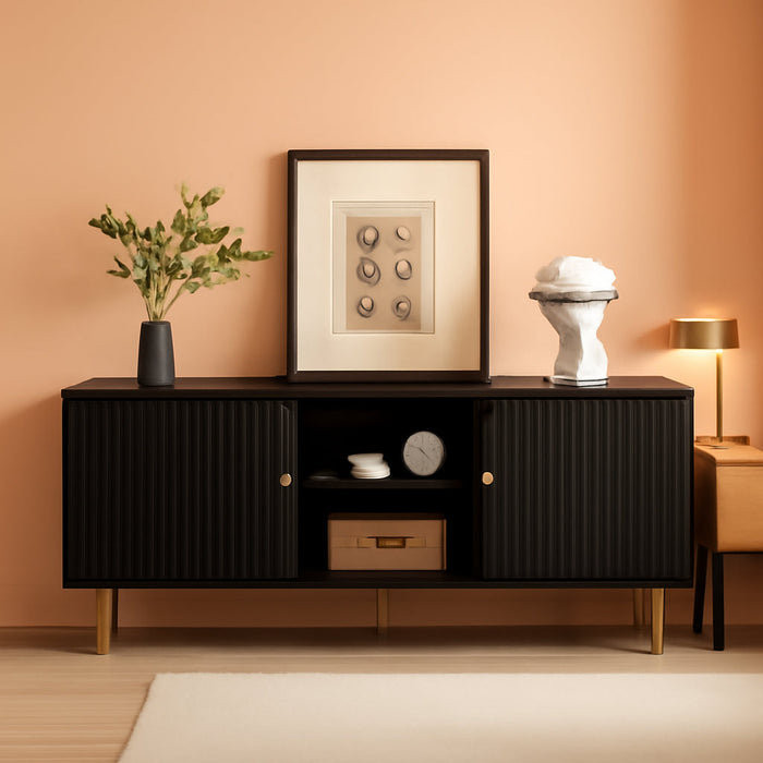 55” Fluted TV Stand, Mid Century Modern Black TV Stand for 55/60/65 Inch TV, Entertainment Center with Storage, Television Stands, TV Console, Media Console for Living Room, Bedroom (Black)