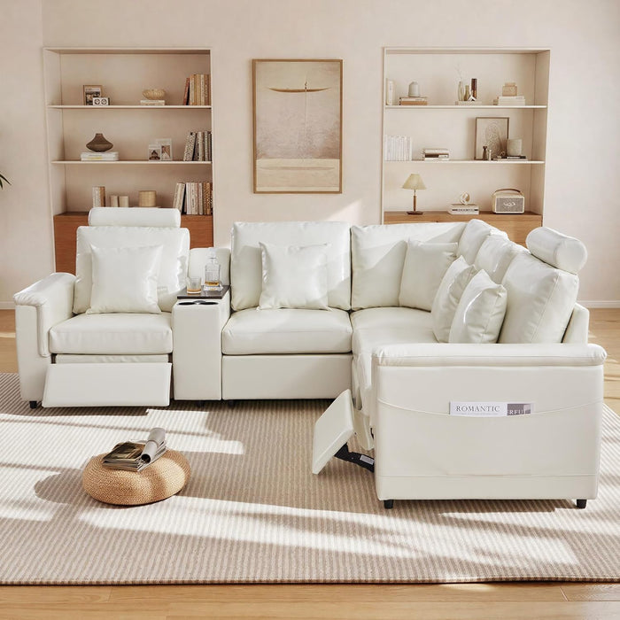 Oversized Modular Sectional Sofa with 2 Power Reclining, Electric Recliner Couch with Storage Console and Adjustable Headrest, Faux Leather 5 Seat Corner Sofa for Living Room-Cream White