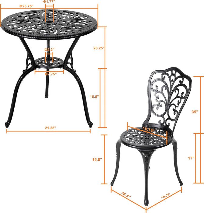 3 Piece Bistro Set Outdoor, All Weather Cast Aluminum Patio Bistro Sets Patio Table and Chairs Set of 2 with Umbrella Hole for Yard, Balcony, Black, Butterfly Backrest