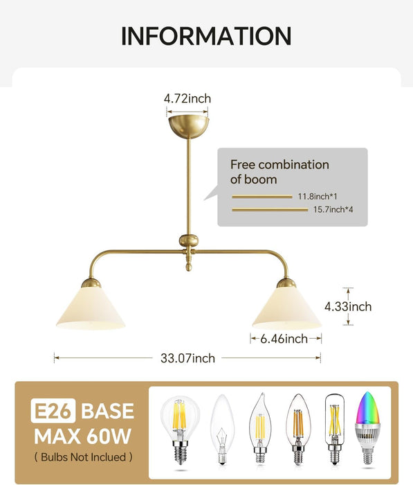 Linear Chandelier, Modern Chandelier for Dining Room Light Fixture, Dining Light Fixtures with Milk Glass Shade Pendant Lights Kitchen Island for Restaurant, Living Room (Gold, 2-Lights)