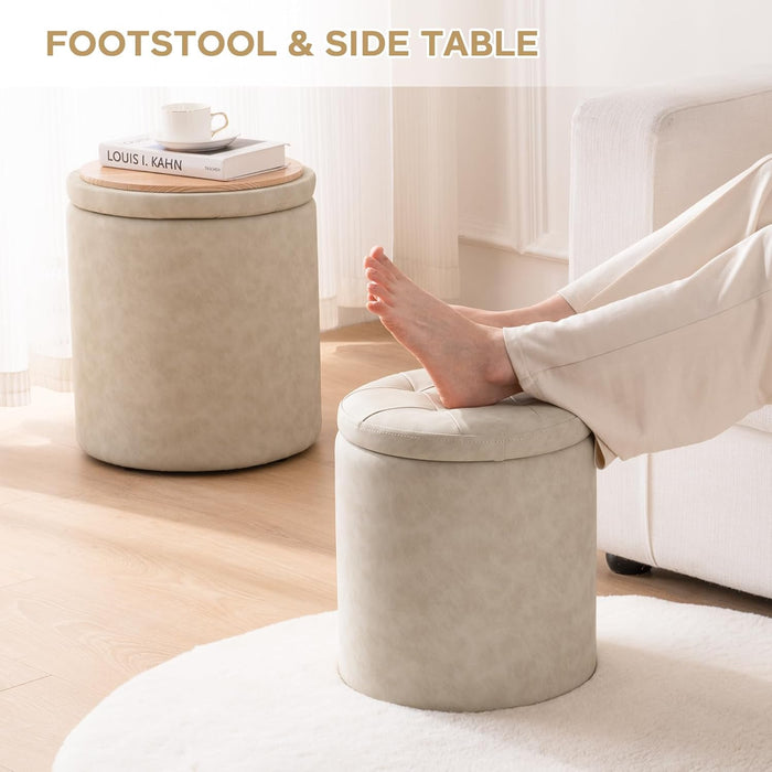 Faux Leather round Ottoman with Storage 12.6" W X 14.17" H & 14.76" W X 17.32" H Set of 2, Small Boucle Coffee Table Footstool with Removable Lid for Living Room, Bedroom, Beige