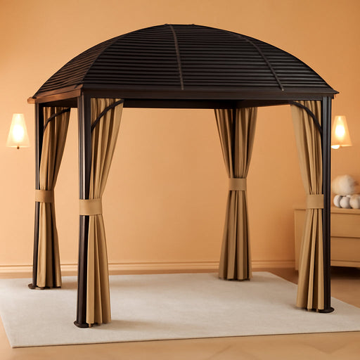 10' X 14' Hardtop Gazebo Canopy with Galvanized Steel Roof, Aluminum Outdoor Pavilion Gazebo with Top Hook, Netting, and Curtains for Patio, Garden, Backyard, Deck, Brown
