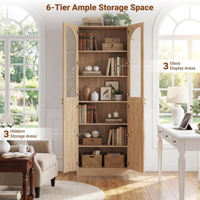 80" Arched Bookcase with Tempered Glass & Soft Close Doors, 2 Set | Tall Bookshelf with Storage, Wooden 6-Tier Pantry Cabinet with Seamless Fit Wall for Home Office, Living Room, Kitchen