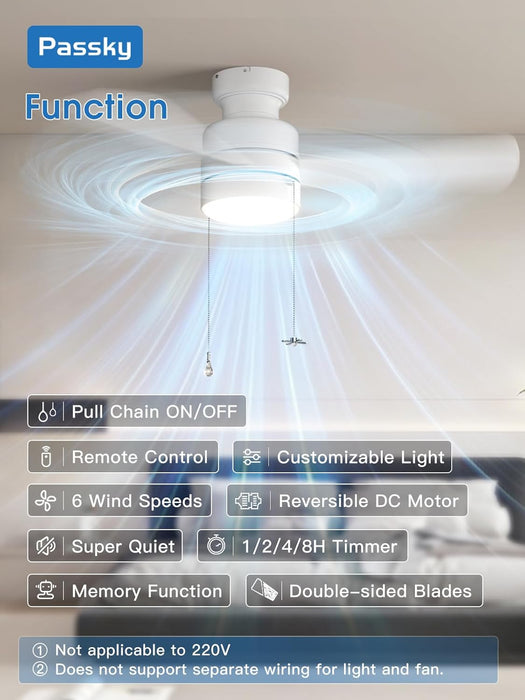 Ceiling Fans with Lights, 42 Inch Low Profile Ceiling Fan with Pull Chain and Remote Control, Flush Mount, Reversible, 5CCT, Dimmable, Noiseless, White Pull Cord Ceiling Fan for Bedroom