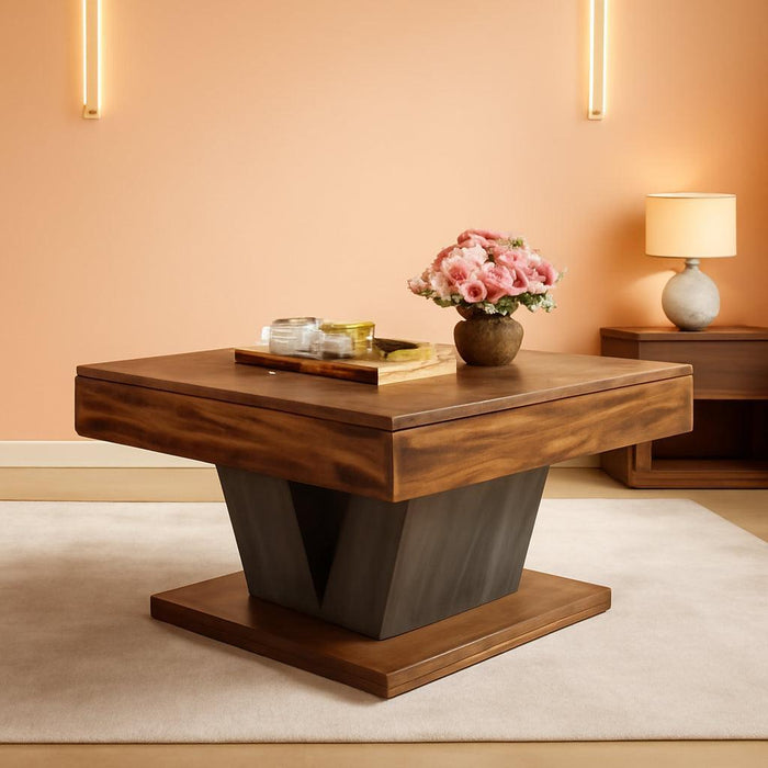 Square Coffee Table, Wood Center Table for Living Room, 31.5" Modern Cocktail Tea Accent Table, Rustic Brown & Black