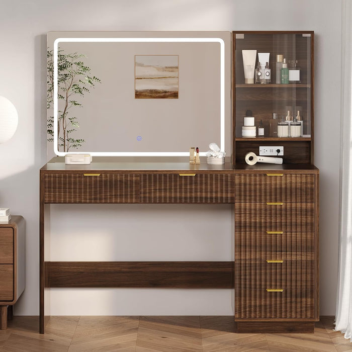 Fluted Vanity Desk with Large 32.7" Mirror and Lights, 47.4" Makeup Vanity with 7 Drawers & Glass Cabinet, Vanity Table with Charging Station & Storage Shelves, Brown