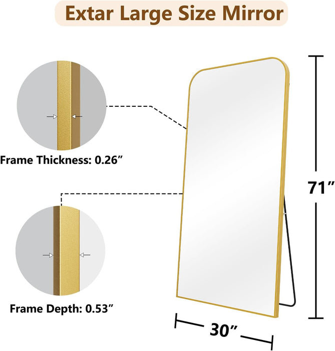 Full Length Mirror, 71"X30" Mirror Full Length with Stand, Gold Domed Top Square-Edged Floor Mirror with Aluminum Alloy Frame for Bedroom Living Room
