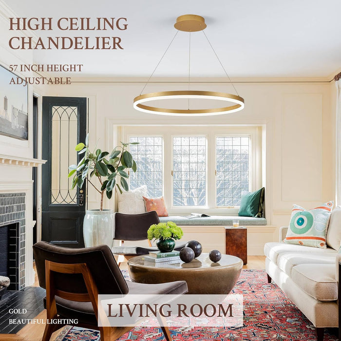 Modern LED Pendant Lighting 24'' Ring Chandelier Gold Dimmable LED Chandelier for Dining Room 36W Adjustable Pendant Light Fixture for Living Room Bedroom Home Office Foyer, 3000-6500K
