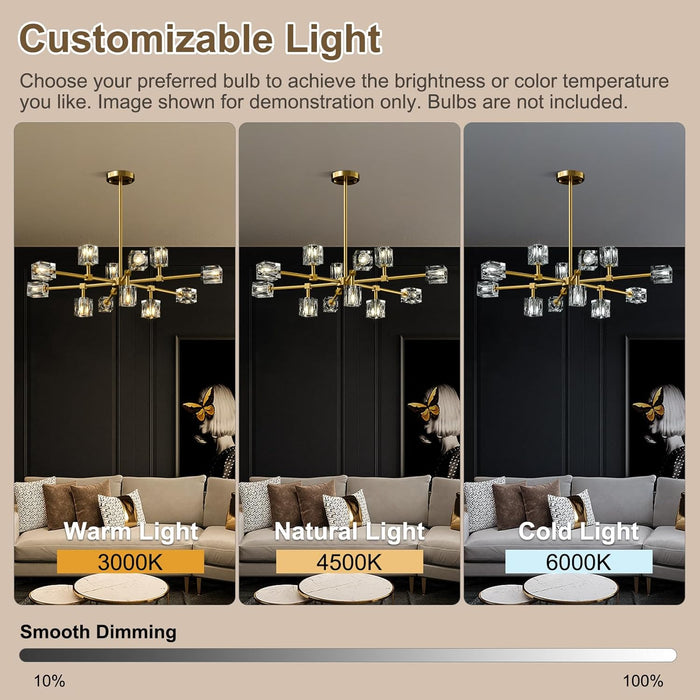 Modern Sputnik Crystal Brass Chandelier: Gold Dining Room Living Room Light