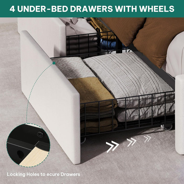 King Size Bed Frame with 4 Storage Drawers and RGB LED Lights, 57'' Tall Headboard Velvet Upholstered Bed with Charging Station, No Box Spring Needed, Easy Assembly, Noise-Free, White