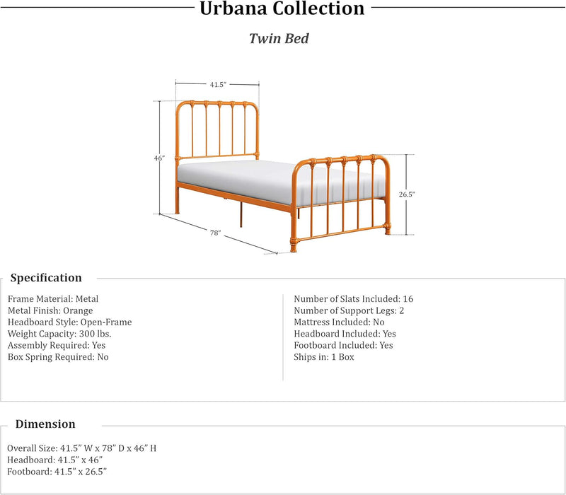 Twin Metal Bed Frame, Platform Bed with Strong Metal Slat Support under Bed Storage, Twin Bed Frame with Headboard, No Box Spring Needed, Easy Assembly, Twin, Orange