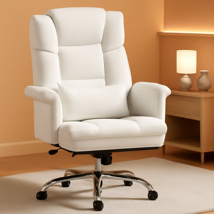 Executive Office Chair with Footrest and Lumbar Support, PU Leather Ergonomic Office Desk Chair, Reclining and Swivel Chair, White