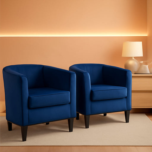 Deluxe Blue Velvet Upholstered Barrel Armchair Set