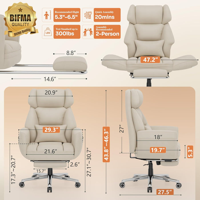 Ergonomic Criss Cross Office Chair with Footrest, Wide Executive Desk Chair with Foldable Armrest for Big and Tall, High Back Computer Chair-120° Tilt Vanity Chair for Meditation,Home,Ivory